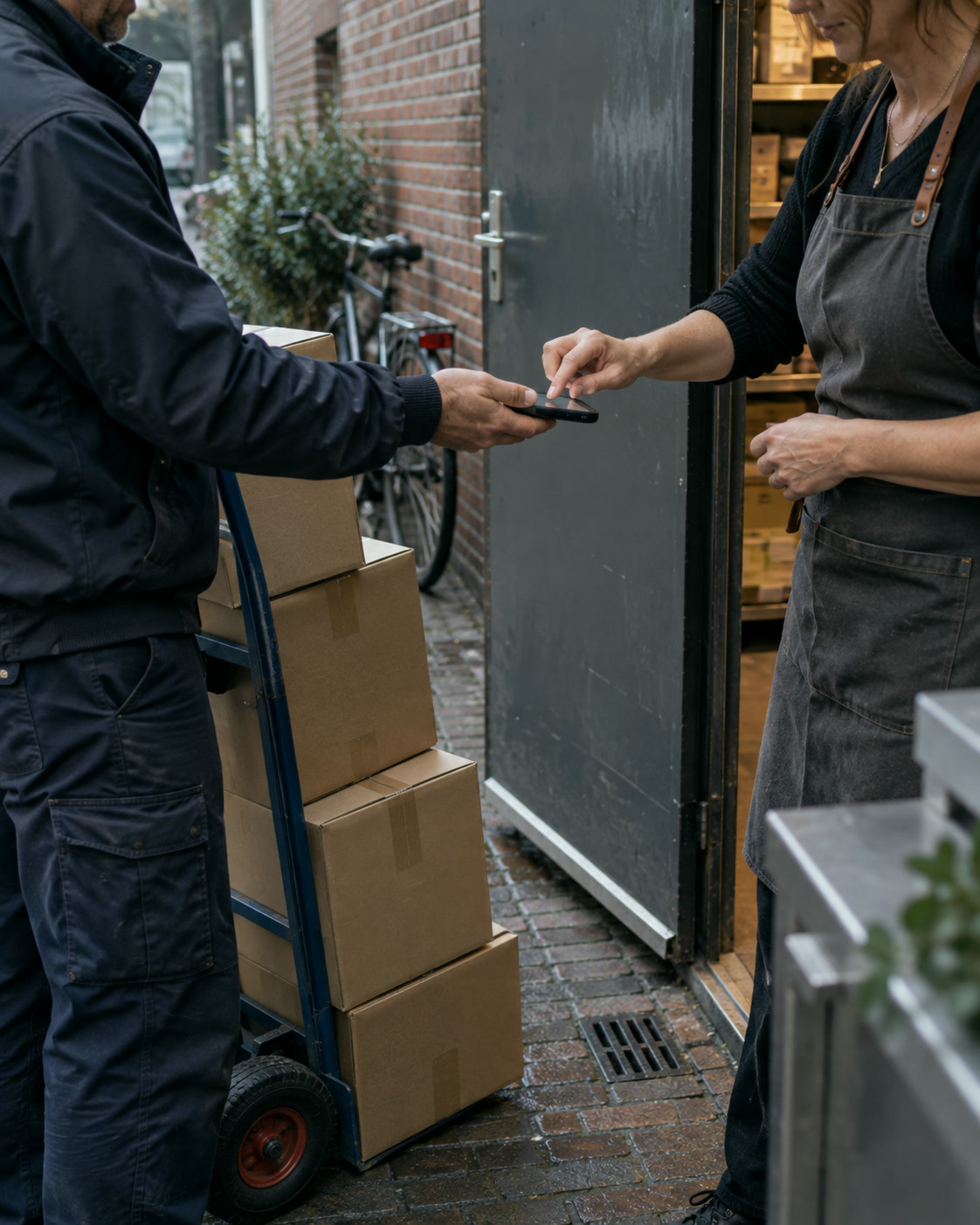 Een bezorger met een steekwagen vol dozen laat de winkelierster tekenen op zijn telefoon, bij de achterdeur van een winkel.