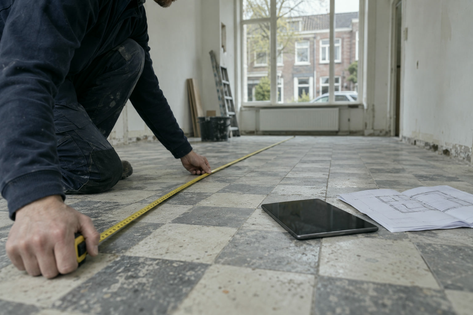 Een vloerenlegger in donkerblauwe werkkleding meet op zijn knieën een lege woonkamer met oude tegels in, met een tablet en een plattegrond naast zich.