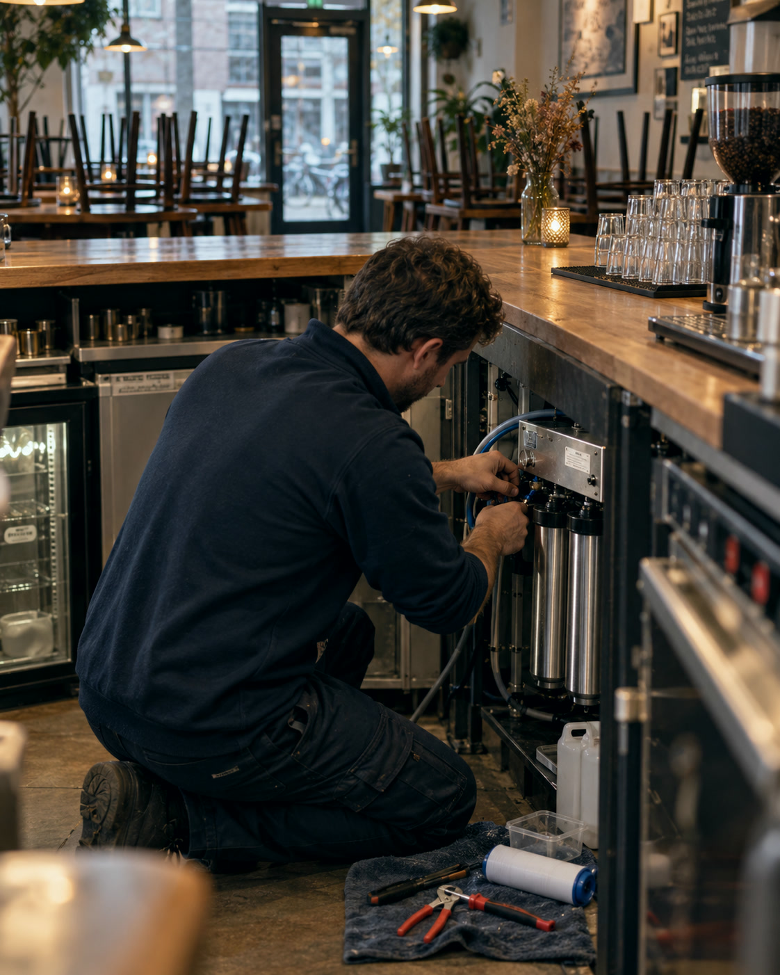 Een servicemonteur knielt achter de bar van een café en onderhoudt een waterfilter onder de toonbank, zijn gereedschap op een doek naast hem.