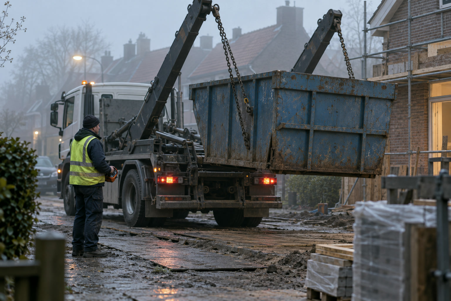 Een chauffeur in een geel hesje bedient met een afstandsbediening een containerwagen die een blauwe container op een bouwplaats zet, in de ochtendnevel.